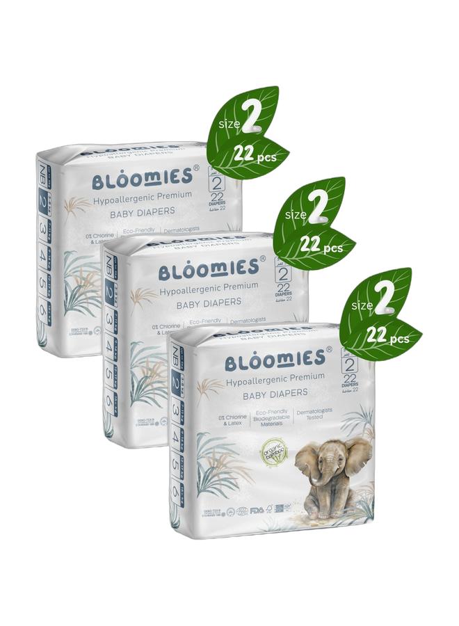 بلوميز حفاضات الأطفال العضوية المصنوعة من الخيزران العضوي مقاس 2 (3-8 كجم) 66 قطعة (22 × 3) حزمة | حفاضات صديقة للبيئة وغير مسببة للحساسية وغير سامة وقابلة للتنفس - Image 1